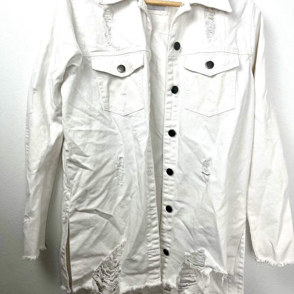 Distressed White Denim Jacket, Highway Jeans, Longline Button-Up, Grunge Style